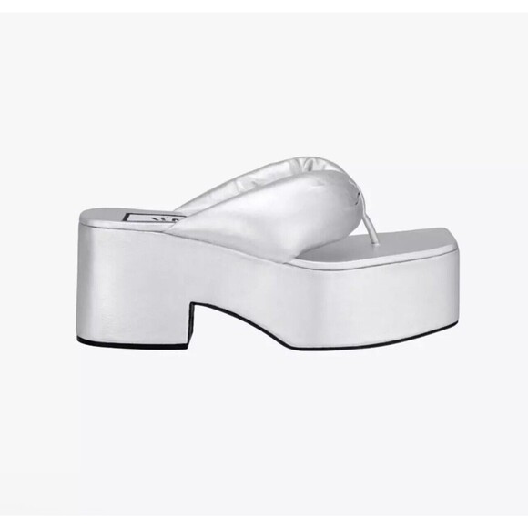 ZARA SILVER CHUNKY TOE POST LEATHER PLATFORM HEELED SANDALS Size 7.5 New - Picture 2 of 10